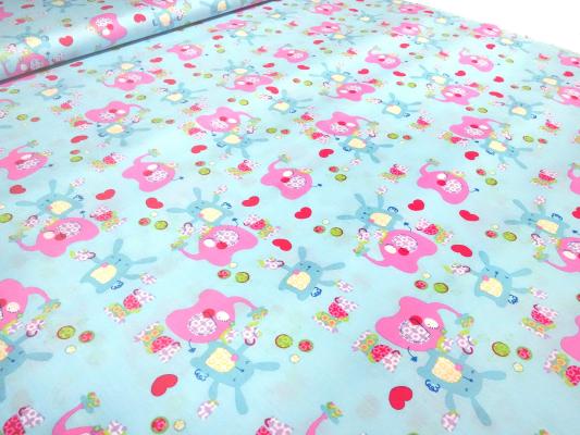 Stoff Baumwolle Popeline Patchwork Elefanten Hasen blau rosa bunt Kinderstoff Kleiderstoff