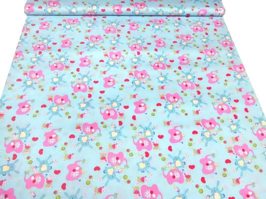 Stoff Baumwolle Popeline Patchwork Elefanten Hasen blau rosa bunt Kinderstoff Kleiderstoff