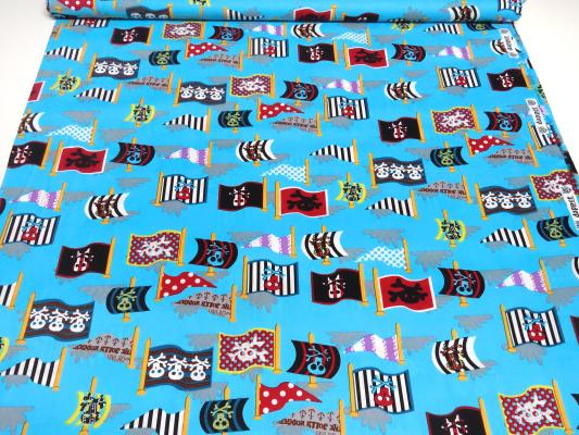 Stoff Baumwolle Popeline Piraten Flaggen Design türkis blau rot weiß schwarz bunt Kleiderstoff Kinderstoff Dekostoff