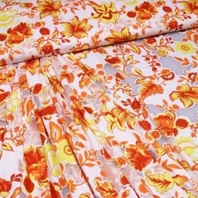 Fabric viscose jersey burnout with glitter effect and flower design white yellow orange red silver dress fabric