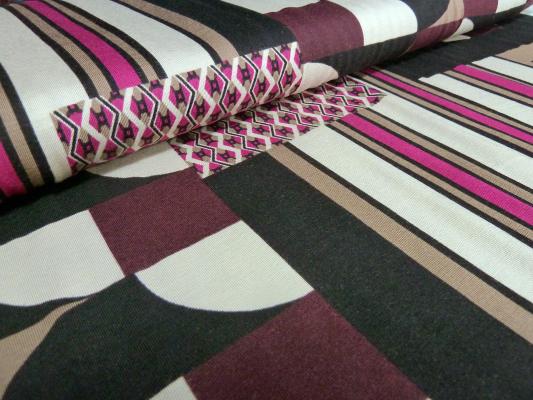 Fabric jersey retro patchwork design black beige brown fuchsia bordeaux dress fabric