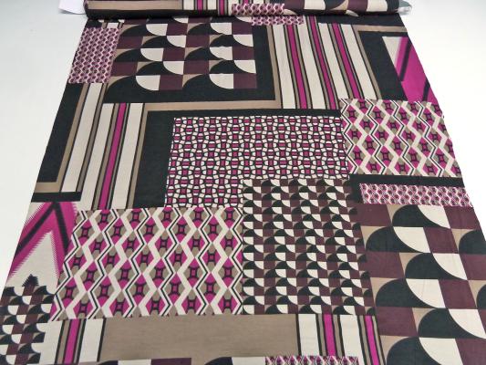 Fabric jersey retro patchwork design black beige brown fuchsia bordeaux dress fabric