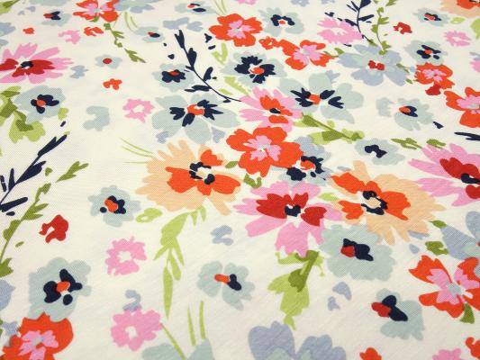 Stoff Viskose Jersey Blumenmuster Design vanille rot rosa grau orange bunt Kleiderstoff Kinderstoff