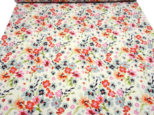 Stoff Viskose Jersey Blumenmuster Design vanille rot rosa grau orange bunt Kleiderstoff Kinderstoff