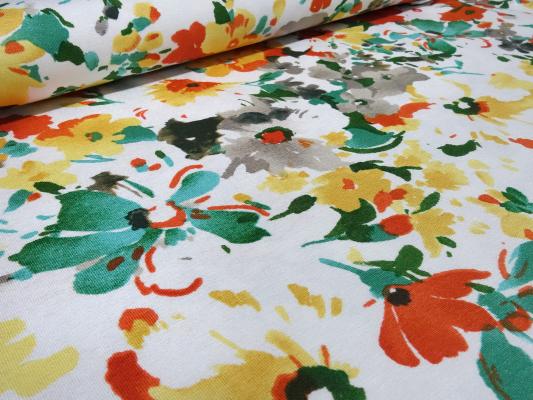 Fabric viscose jersey floral design white green yellow orange taupé floral dress fabric children's fabric