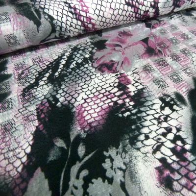 Stoff Viskose Jersey Blumen Abstrakt Druck schwarz weiß grau flieder Kleiderstoff