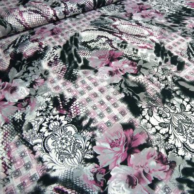 Stoff Viskose Jersey Blumen Abstrakt Druck schwarz weiß grau flieder Kleiderstoff