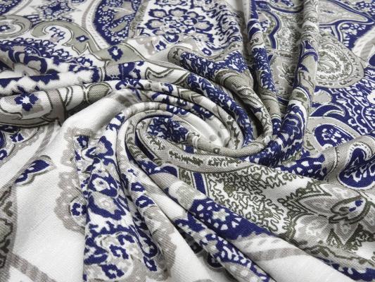 Fabric viscose jersey with flowers ornaments design white gray blue dress fabric