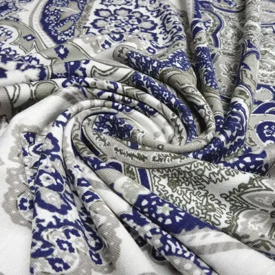 Fabric viscose jersey with flowers ornaments design white gray blue dress fabric