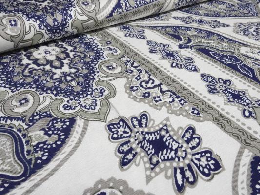 Fabric viscose jersey with flowers ornaments design white gray blue dress fabric