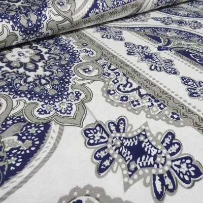 Fabric viscose jersey with flowers ornaments design white gray blue dress fabric
