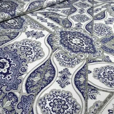 Fabric viscose jersey with flowers ornaments design white gray blue dress fabric