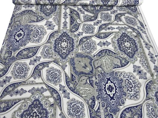 Fabric viscose jersey with flowers ornaments design white gray blue dress fabric