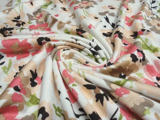Stoff Viskose Jersey Blumen Design wollweiß grün braun beige koralle apriko Kleiderstoff