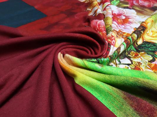 Stoff Jersey Stoffpanel 95 cm Blumen Ranken Design vanille rot grün bunt Kleiderstoff