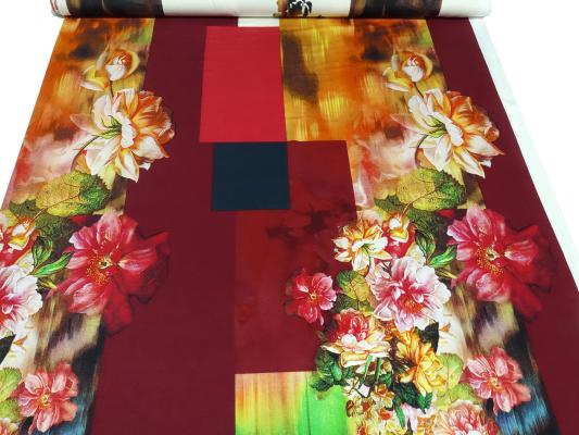 Stoff Jersey Stoffpanel 95 cm Blumen Ranken Design vanille rot grün bunt Kleiderstoff
