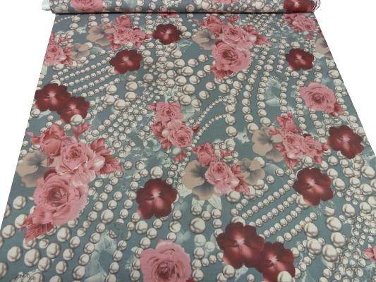 Fabric viscose jersey flowers roses beads design pink red brown taupe gray beige colorful dress fabric