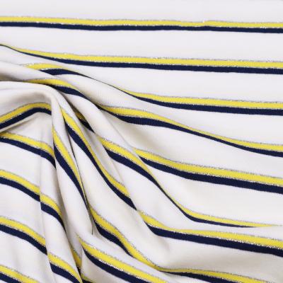 Fabric light cotton jersey lurex stripes horizontal striped white yellow navy blue silver dress fabric children's fabric