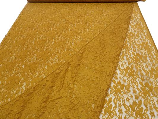 Stoff Bi-Stretch Spitze Spitzenstoff mit Blumenmuster curry ocker Kleiderstoff