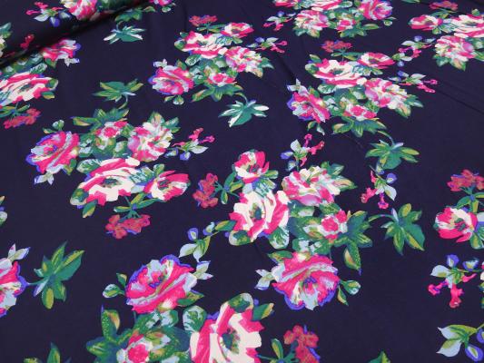 Viskose Elastik Jersey Blumen Design marine-blau pink grün bunt Kleiderstoff Kinderstoff