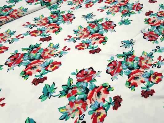 Stoff Viskose Jersey Blumen Rosen Design wollweiß grün rot rosa gelb blau Kleiderstoff