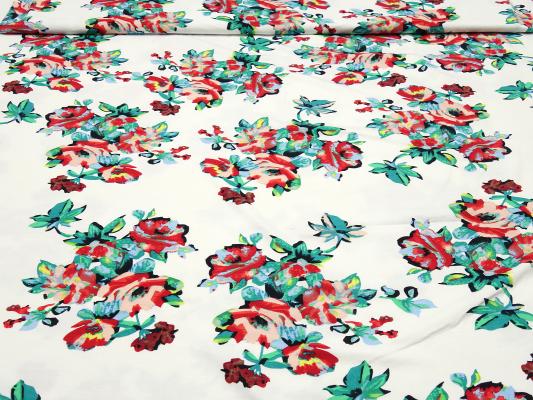 Stoff Viskose Jersey Blumen Rosen Design wollweiß grün rot rosa gelb blau Kleiderstoff