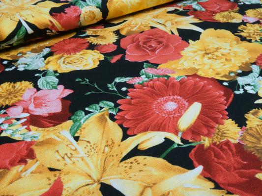 Stoff Viskose Jersey Blumen Rosen Design rot gold-gelb schwarz bunt Kleiderstoff