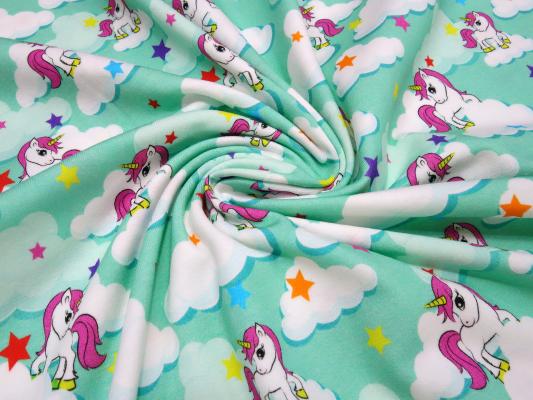 Fabric cotton jersey with unicorn stars clouds design mint green white colorful children's fabric dress fabric