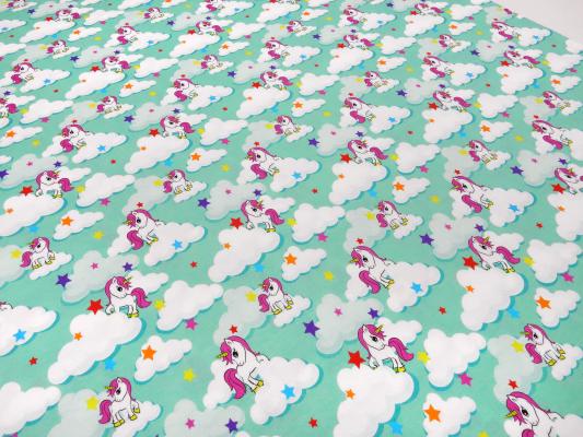 Fabric cotton jersey with unicorn stars clouds design mint green white colorful children's fabric dress fabric