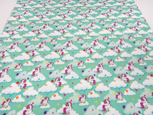 Fabric cotton jersey with unicorn stars clouds design mint green white colorful children's fabric dress fabric