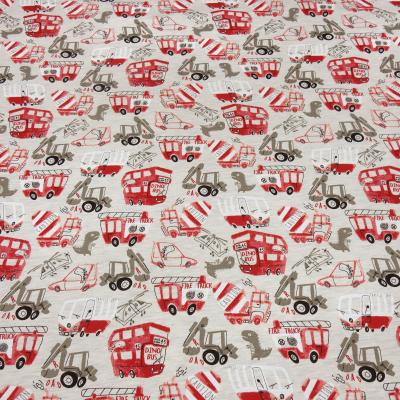 Stoff Baumwolle Sweatshirtstoff Bagger Bus Auto Dino Feuerwehr Design natur rot grau schwarz Kinderstoff Kleiderstoff