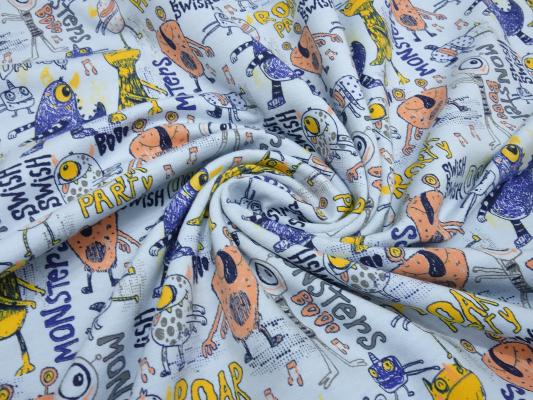 Stoff Baumwolle French Terry Sweatshirtstoff mit Monster Design blau curry lachs grau bunt Kinderstoff Kleiderstoff