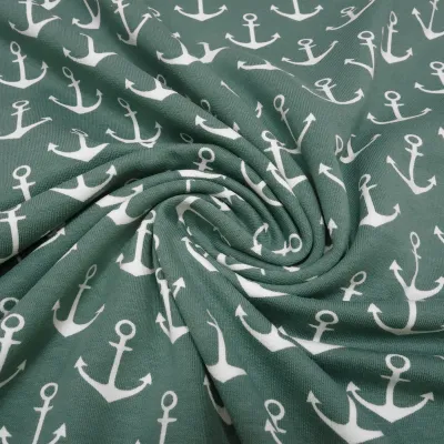 Stoff Baumwolle French Terry Sweatshirtstoff mit maritimen Anker Design grün altgrün weiß Kinderstoff Kleiderstoff
