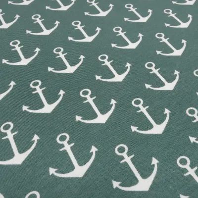 Stoff Baumwolle French Terry Sweatshirtstoff mit maritimen Anker Design grün altgrün weiß Kinderstoff Kleiderstoff