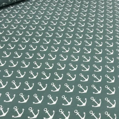 Stoff Baumwolle French Terry Sweatshirtstoff mit maritimen Anker Design grün altgrün weiß Kinderstoff Kleiderstoff