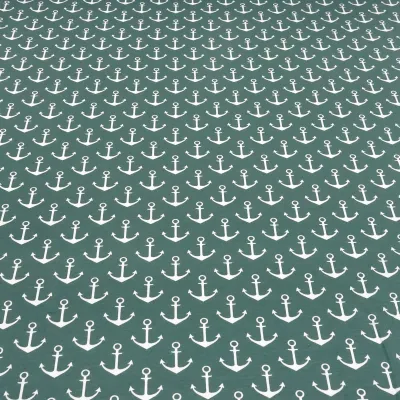 Stoff Baumwolle French Terry Sweatshirtstoff mit maritimen Anker Design grün altgrün weiß Kinderstoff Kleiderstoff