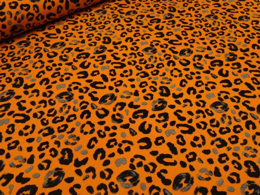 Stoff Sweatshirtstoff innen weich angerauht mit Tierfellmuster Leopard/Jaguar Design orange grau schwarz Kleiderstoffe Kinderstoffe Hoodiestoffe
