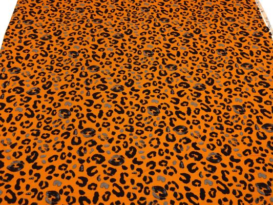 Stoff Sweatshirtstoff innen weich angerauht mit Tierfellmuster Leopard/Jaguar Design orange grau schwarz Kleiderstoffe Kinderstoffe Hoodiestoffe