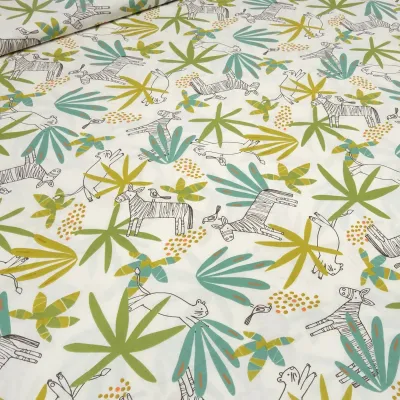 Stoff Baumwolle Popeline mit Tiere Zebra Katze Vogel Plamen Blätter Design hellbeige grün ocker braun bunt Blusenstoff Kleiderstoff Dekostoff