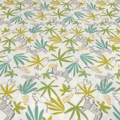 Stoff Baumwolle Popeline mit Tiere Zebra Katze Vogel Plamen Blätter Design hellbeige grün ocker braun bunt Blusenstoff Kleiderstoff Dekostoff