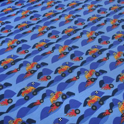 Fabric cotton jersey with monster trucks rally beetle car design jeans blue black red orange colorful children's fabric dress fabric