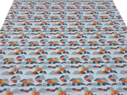 Stoff Baumwolle Jersey mit Monstertrucks Ralley Käfer Auto Design grau schwarz rot orange bunt Kinderstoff Kleiderstoff
