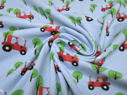 Stoff Baumwolle Jersey mit Trecker Traktor Design in hellblau blau rot grün bunt Kinderstoff Kleiderstoff