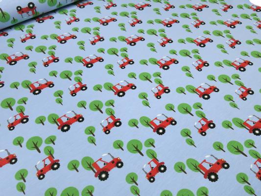 Stoff Baumwolle Jersey mit Trecker Traktor Design in hellblau blau rot grün bunt Kinderstoff Kleiderstoff
