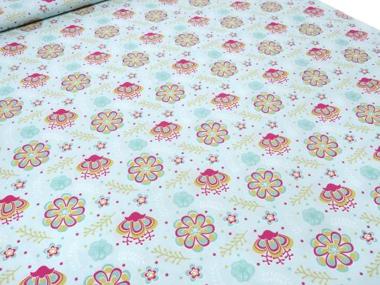 Stoff Baumwolle Popeline mit Blumen Blüten Design türkis mint pink curry weiß Blusenstoff Kleiderstoff Dekostoff