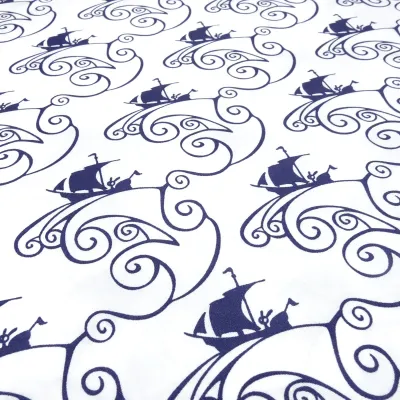 Stoff 100% Baumwolle Popeline mit Schiffe Wellen Design weiß marine blau Kleiderstoff Blusenstoff Dekostoff