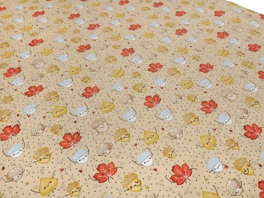 Stoff Baumwolle Popeline mit Eicheln Blätter Laub Herbst Design beige braun rost grau bunt Blusenstoff Kleiderstoff Kinderstoff Dekostoff