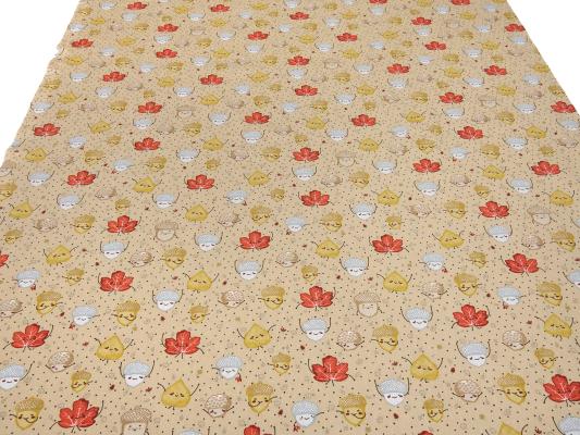 Stoff Baumwolle Popeline mit Eicheln Blätter Laub Herbst Design beige braun rost grau bunt Blusenstoff Kleiderstoff Kinderstoff Dekostoff