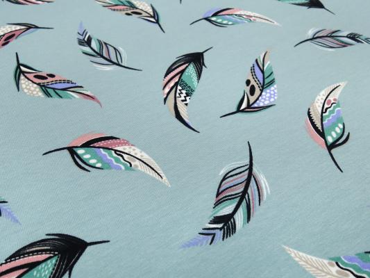 Stoff Baumwolle Jersey Federn Design blau-grün blau rosa bunt Kleiderstoff Kinderstoff