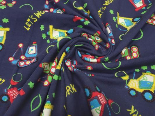 Stoff Baumwolle Jersey mit Bagger Traktor Trecker Design blau rot grün gelb türkis bunt Kinderstoff Kleiderstoff